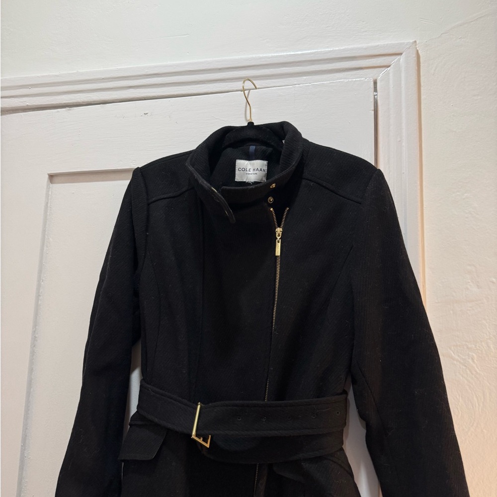 Cole Haan Asymmetrical Zip Up Jacket with Belt and Gold Hardware - Picture 2 of 3